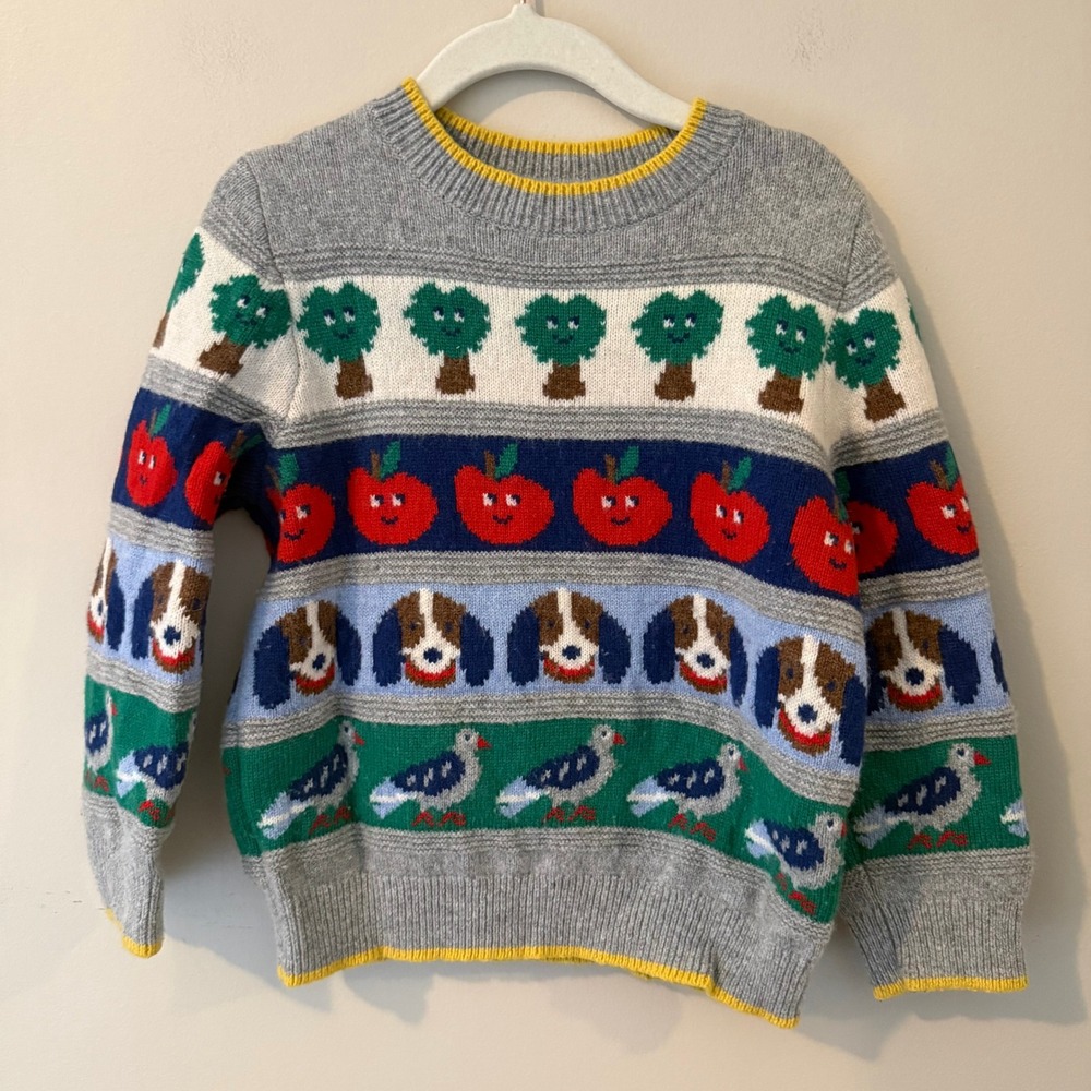 Mini Boden Kids Grey Intarsia Knit Sweater Apple Dog Bird Wool Blend 4-5Y